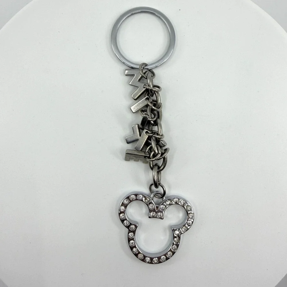 Disney Mickey Mouse Rhinestone Silhouette Keychain Silver Tone Charm Key Ring
